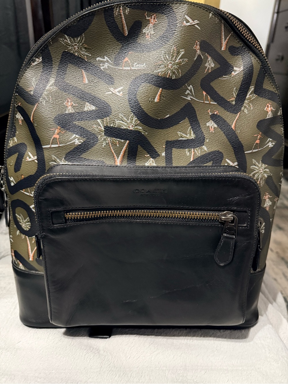 Coach Olive Green and Black Canvas & Leather Signature Backpack